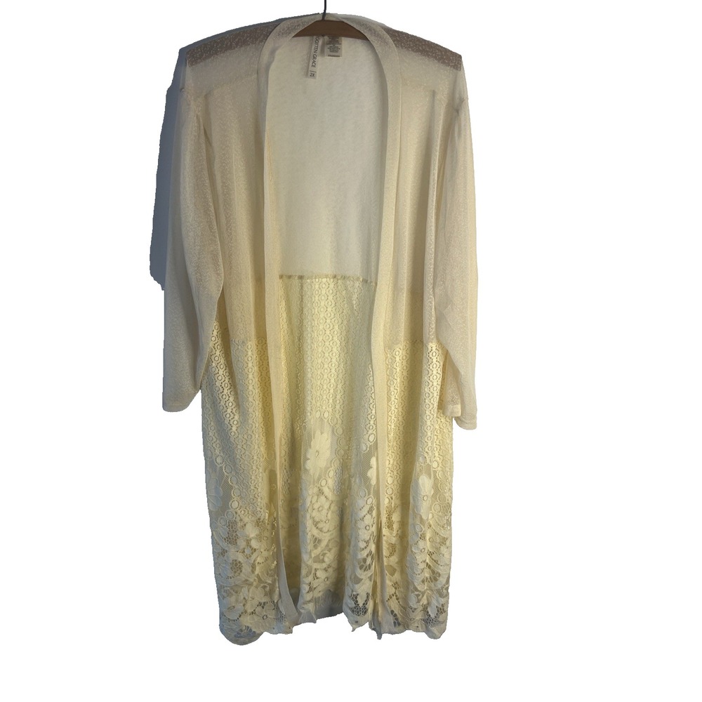 Ivory Lace Kimono 2X Open Front Sheer Crochet Forgotten Grace Cover Up Duster